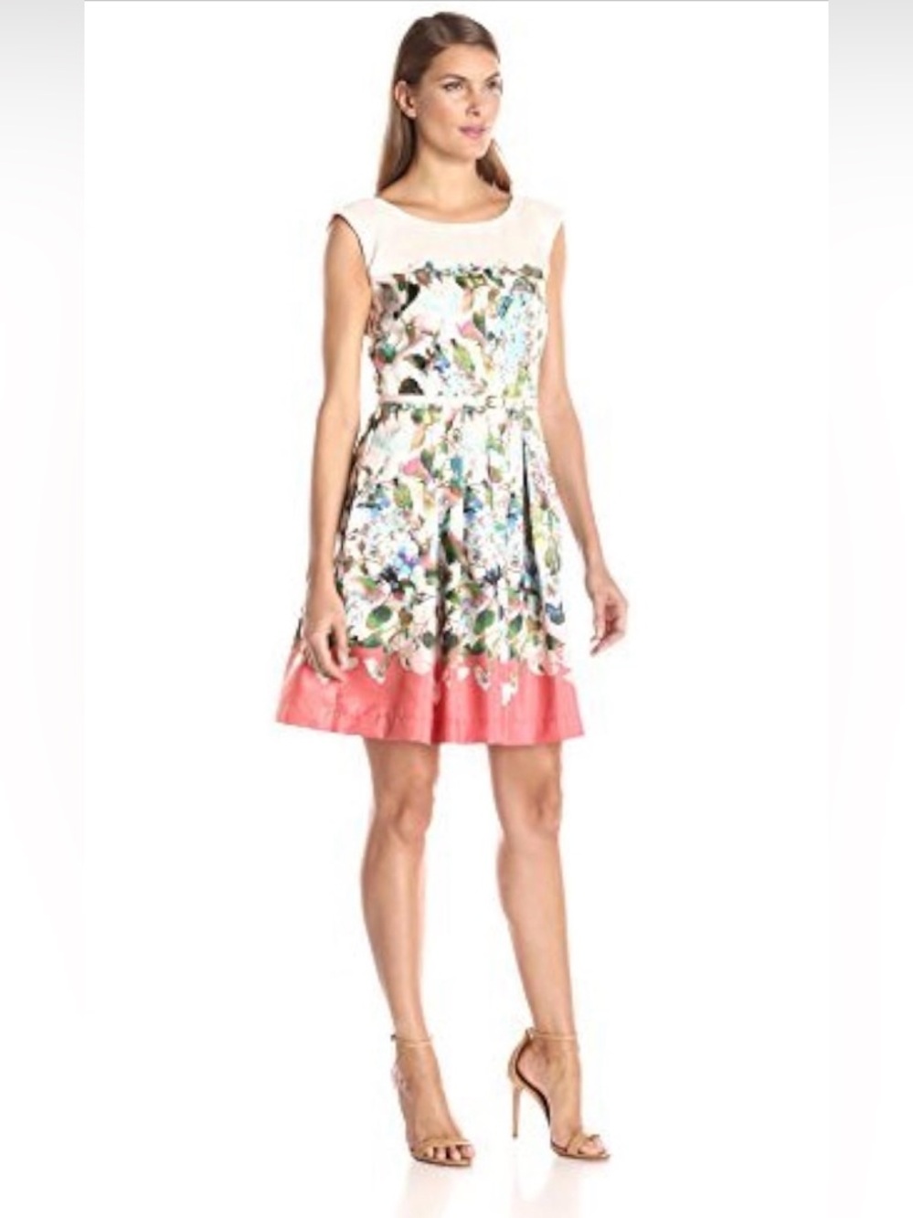 Julian Taylor A-line Dress with Coral Hem and Multicolor Floral Print 12P